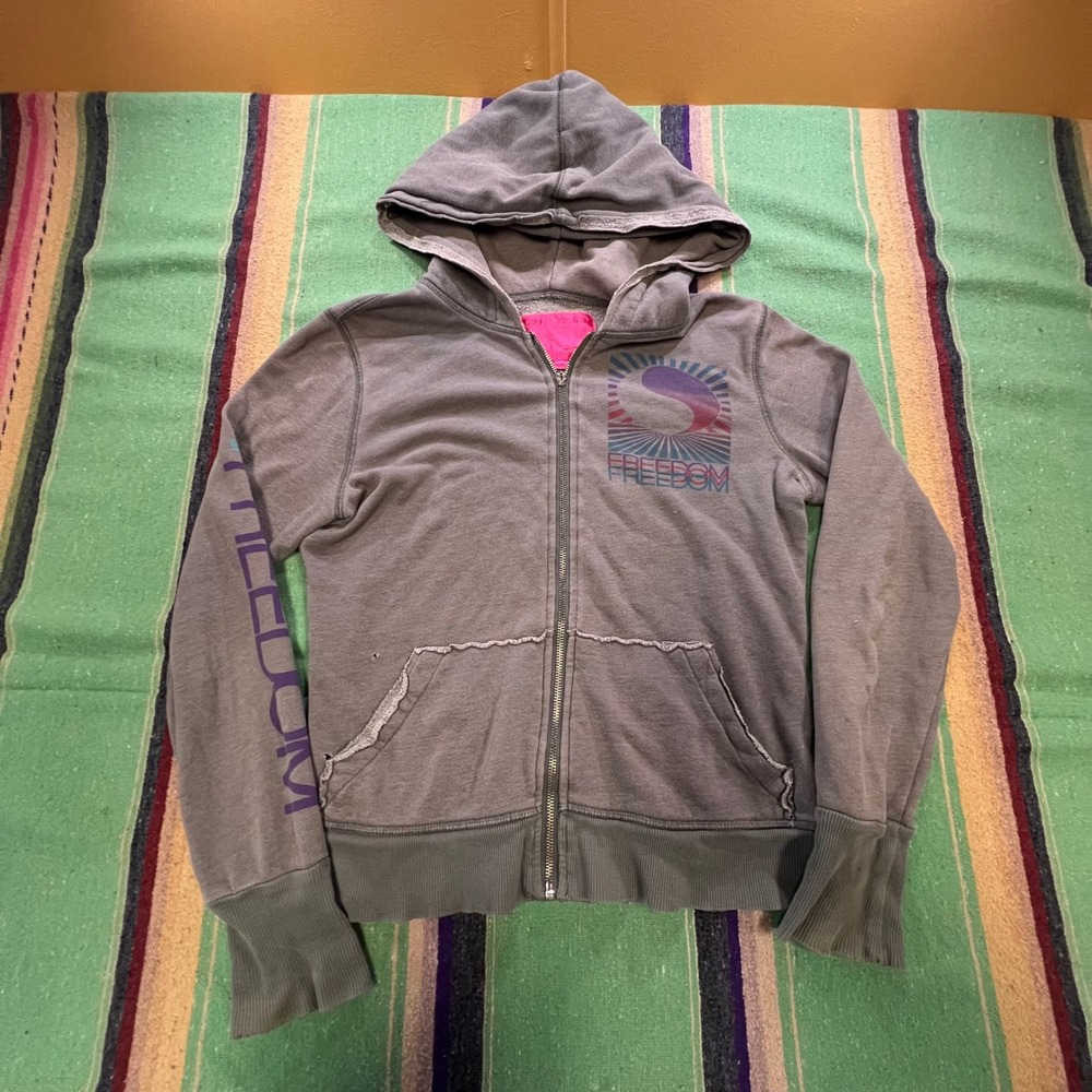 Don Famous Couture Hoodie Womens Medium Grey Freedom Graphic Zip Up Y2K Grunge